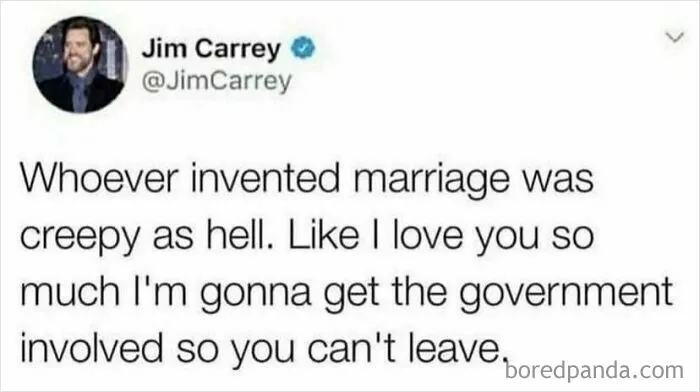 Jim Carrey tweet meme about marriage being creepy relatable