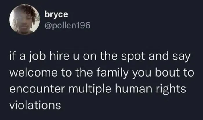 Relatable meme about job hiring and human rights violations