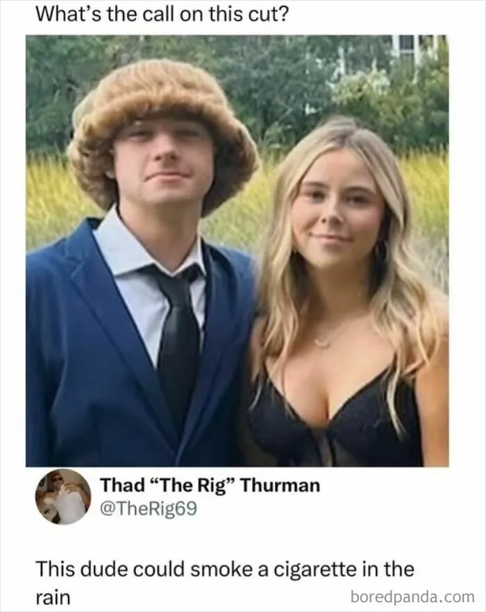 Humorous meme asking about a unique hat haircut with confident pose