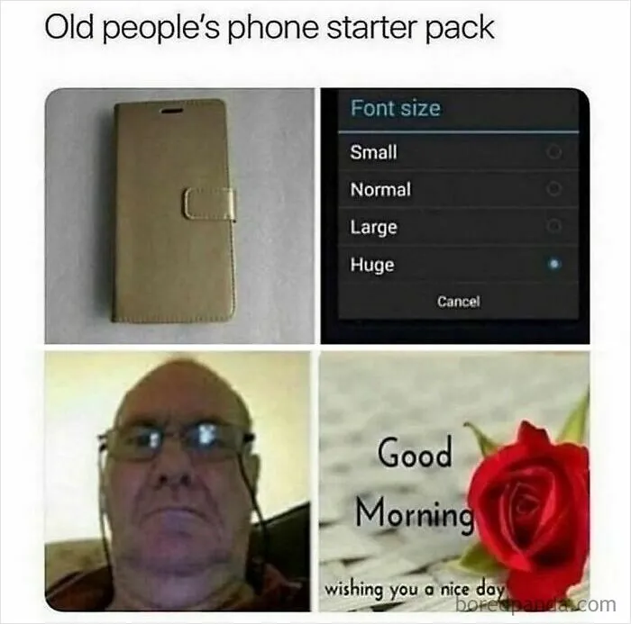 Old people's phone starter pack meme showing big font and simple phone case