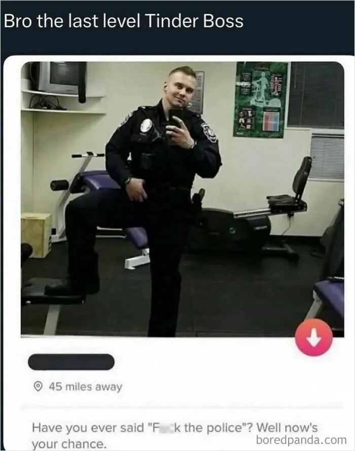 Meme of police officer Tinder profile captioned last level Tinder Boss