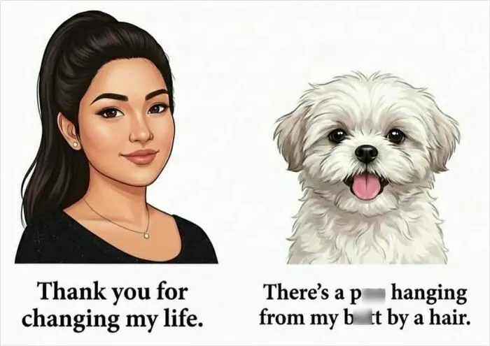 Cartoon woman and dog meme about life changes with humorous text