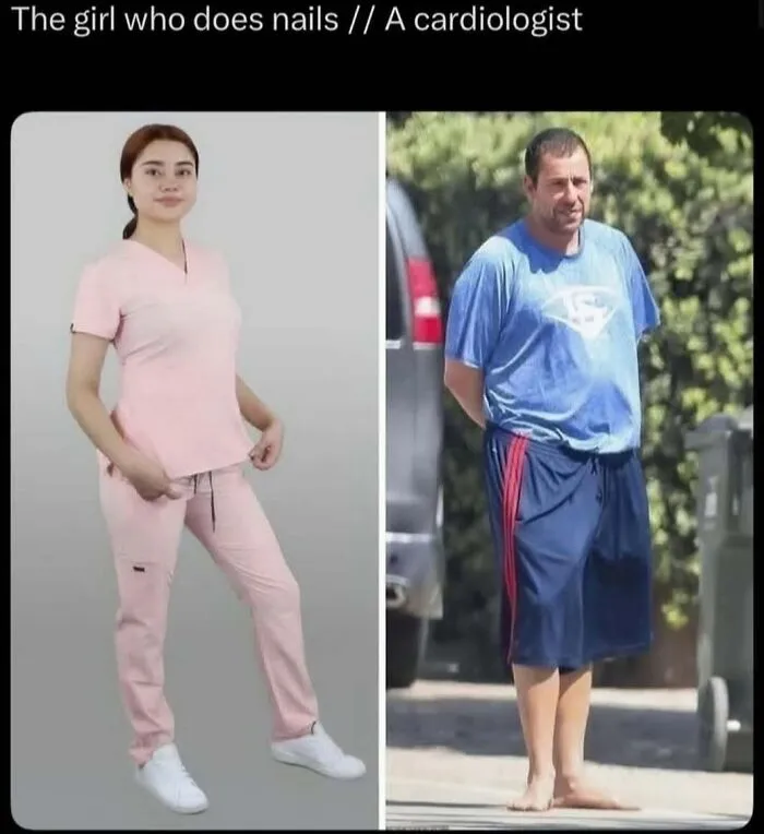 Relatable memes showing contrast between a girl doing nails and a cardiologist