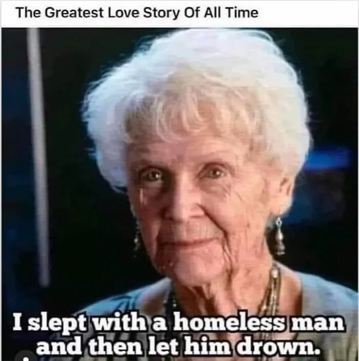 Relatable memes featuring an elderly woman with a humorous love story caption