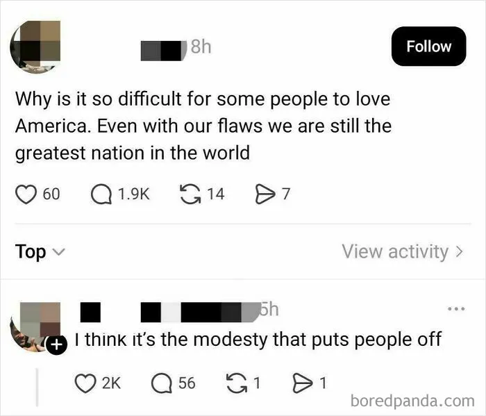 A social media post where an American boasts about USA, receiving a sarcastic reply about modesty.