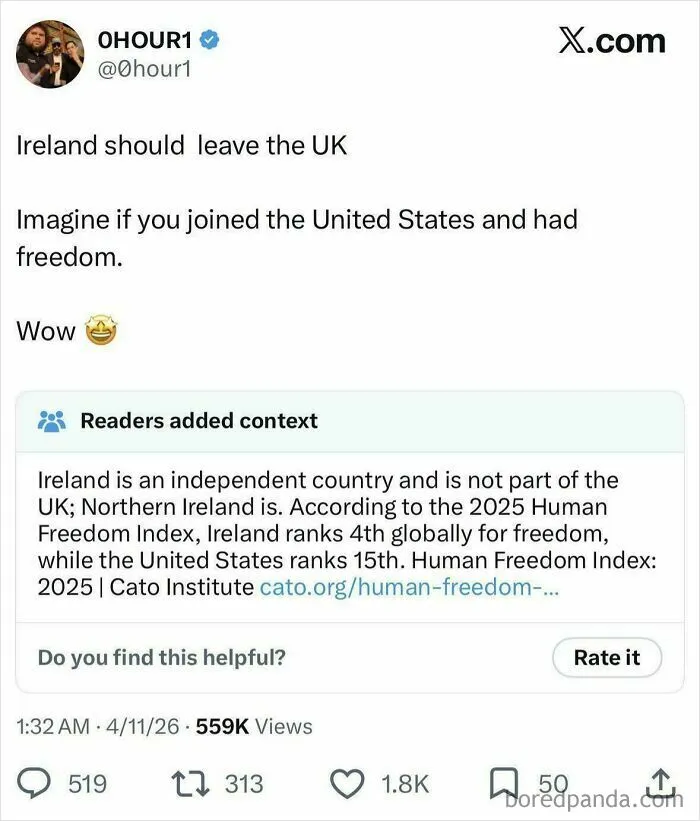 Post suggesting Ireland join the US for freedom, with community notes showing Americans confidently posting errors.