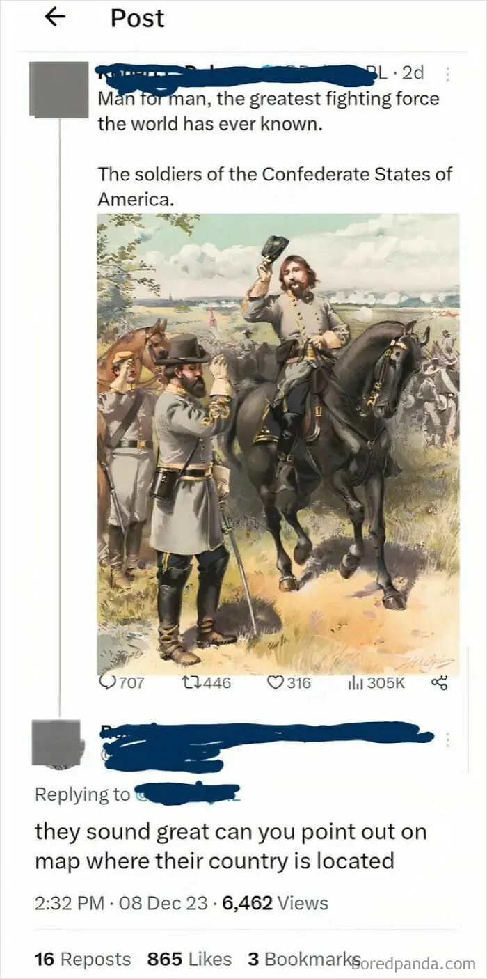 A social media post with a Confederate army painting, showing Americans confidently posting dumb things.