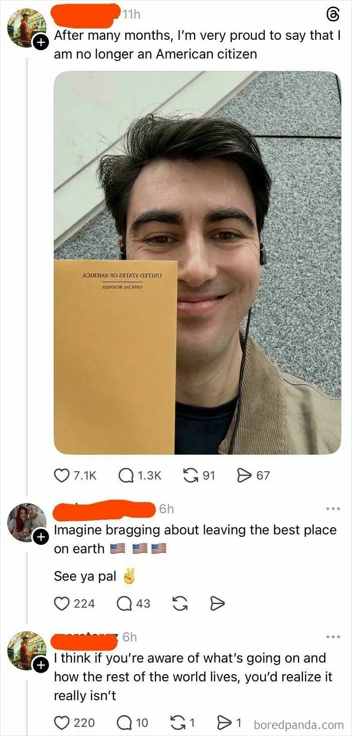 A man happily holding a document about leaving the US, illustrating Americans confidently posted national pride