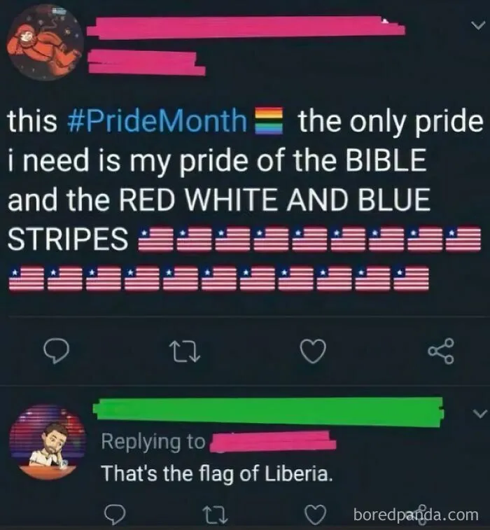 A tweet where Americans Confidently Posted Dumbest Things by mistaking the Liberian flag for the US flag.