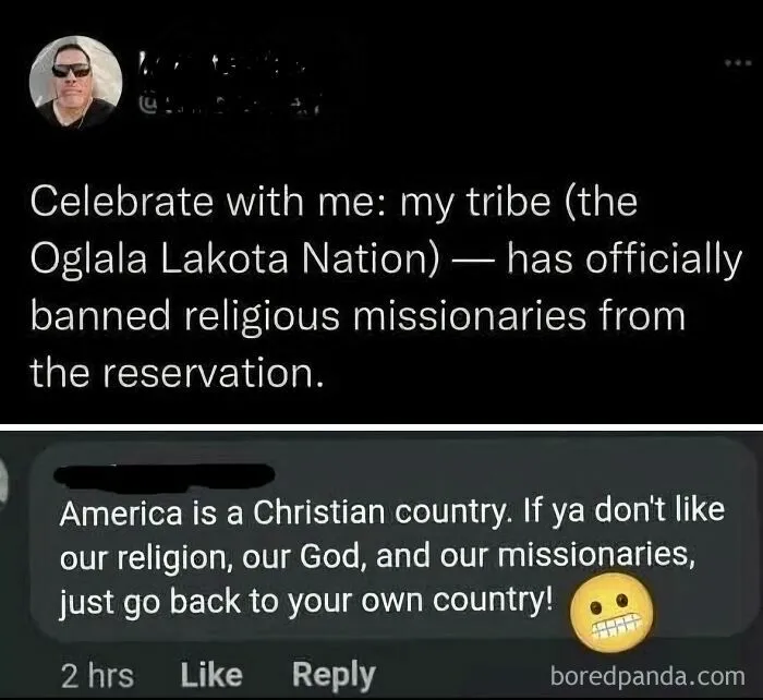 A social media post where an American commenter mistakenly tells a Native American to go back to their own country.