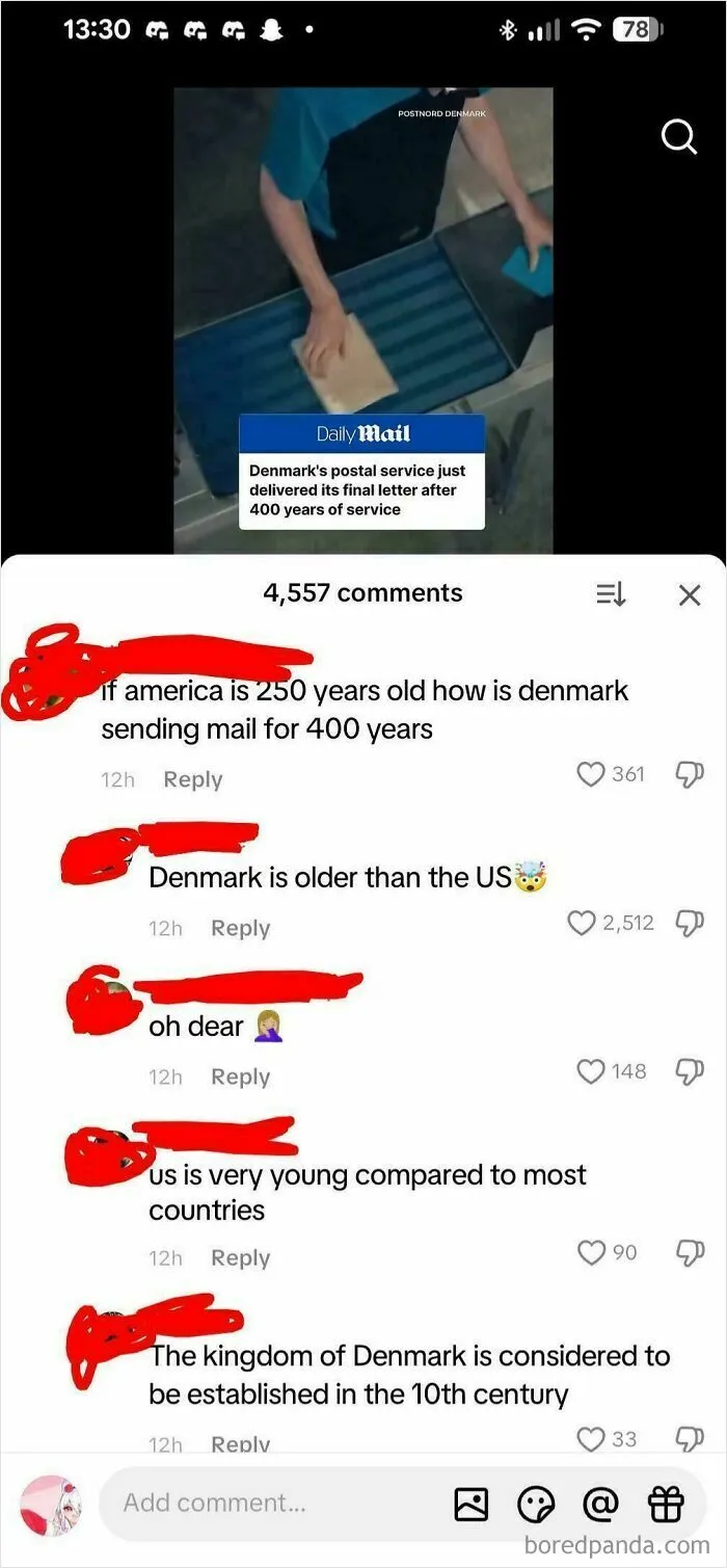 A comment thread on a video about Denmark, illustrating how Americans confidently post about global history.