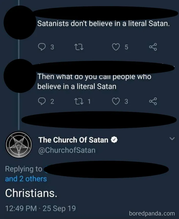 Sarcastic tweet exchange about Satanists and literal Satan by Church of Satan.