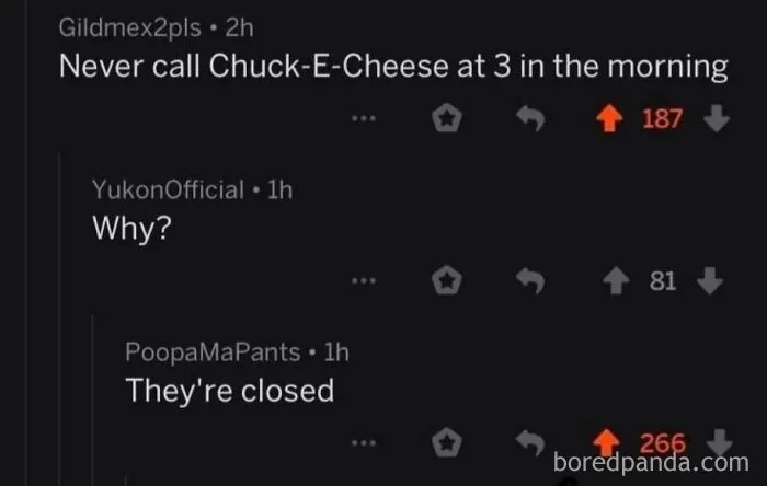 Sarcastic Reddit thread about calling Chuck E Cheese at 3 AM and it being closed