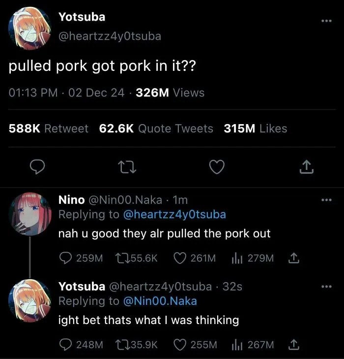 Sarcastic Twitter exchange about pulled pork containing pork