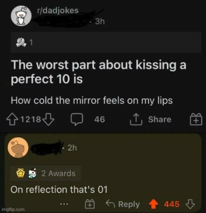 Sarcastic dad joke about kissing a perfect 10 and cold mirror lips reflection