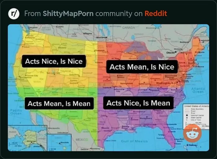 US map showing regional behavior types in a humorous Reddit post