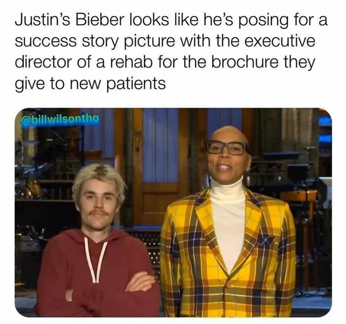Meme about Justin Bieber posing like in a rehab brochure success story