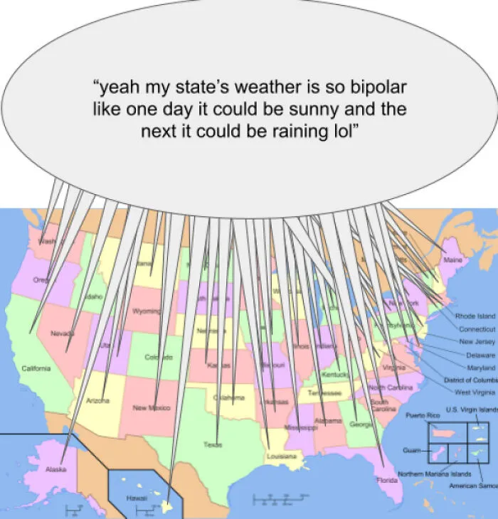 Map of USA with quote about states' weather being bipolar and changeable