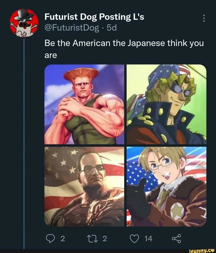 Tweet showing American characters with flags, highlighting American stereotypes