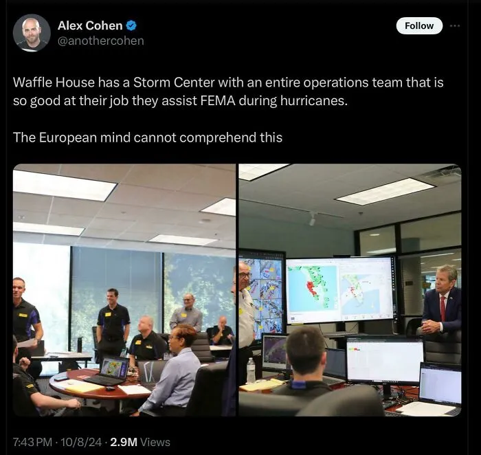 Waffle House storm center team assisting FEMA during hurricanes in USA.