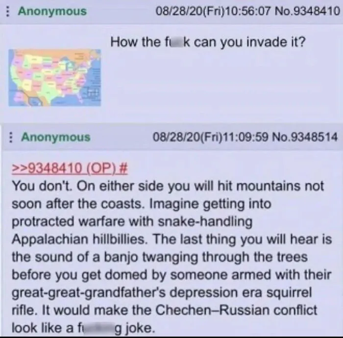 Anonymous forum post explaining why invading America is difficult due to terrain and locals