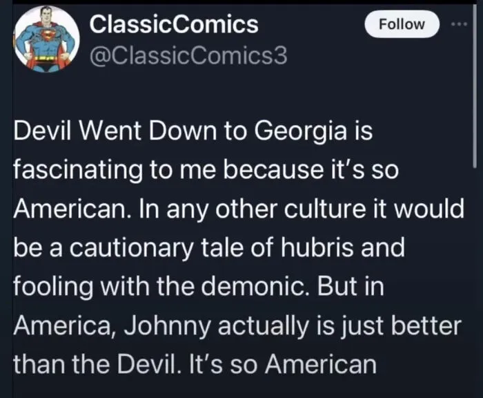 Tweet discussing why Devil Went Down to Georgia is considered very American