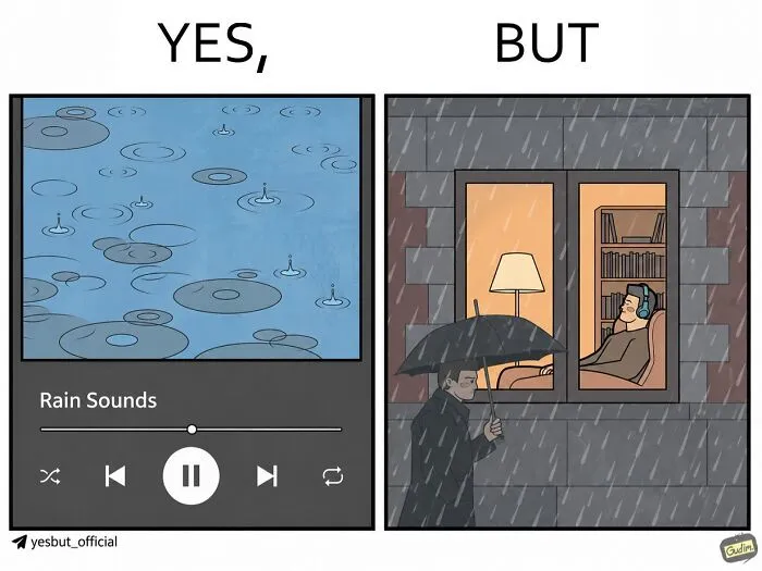 Yes but comic illustrating rain sounds playing while a person listens indoors with headphones during rainfall