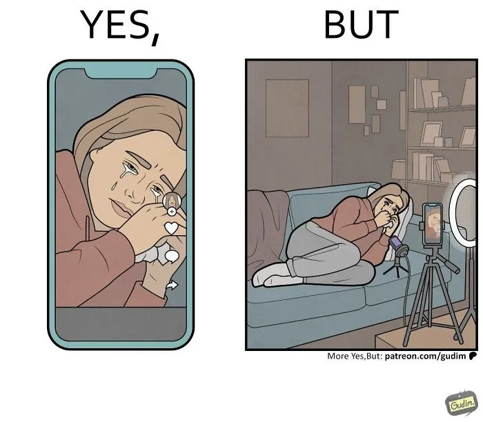 Yes, but comic of woman crying on social media versus private sadness