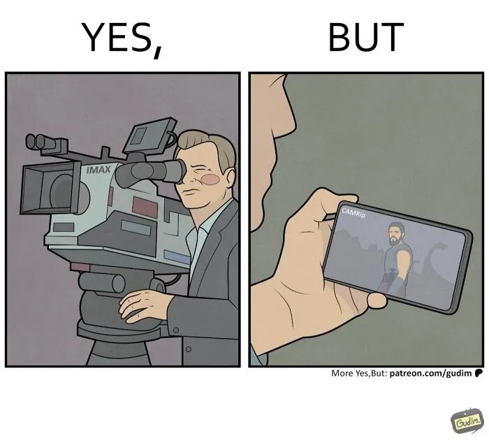 Yes, but comic contrasting film camera and low-quality phone recording