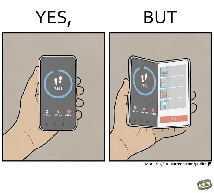 Yes but comic of fitness app with step count and food ordering on foldable phone