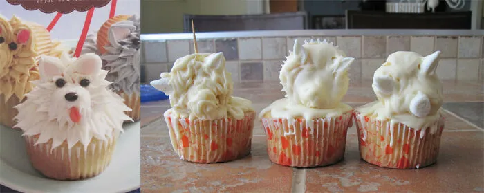 Cupcakes badly decorated as dogs showing failed baking