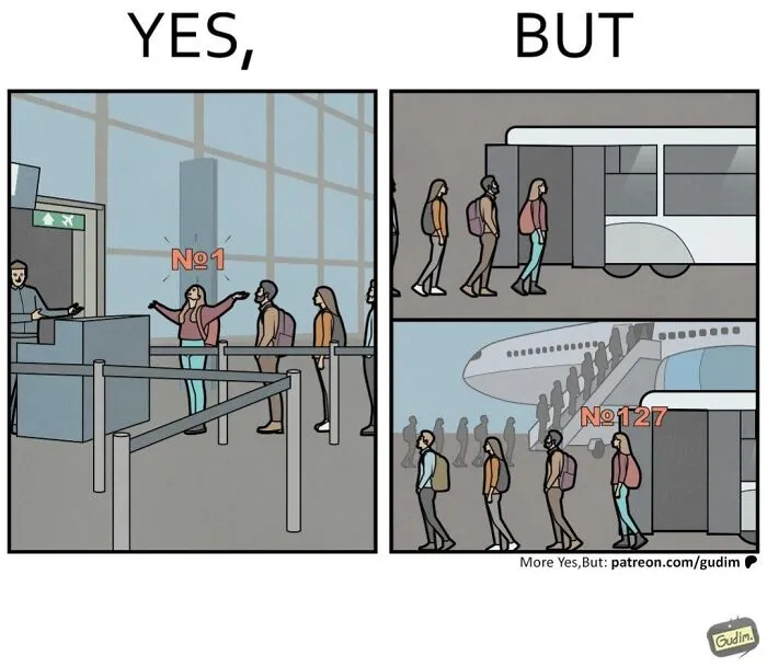 Yes But comic of airport check-in showing passenger first in line but far back boarding the plane