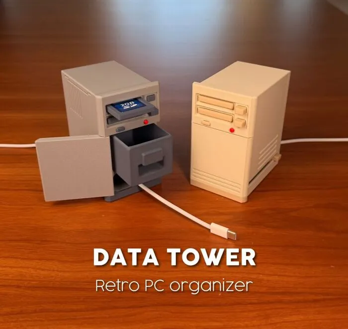 Retro PC organizer designed as a 3D printed data tower with drawer and cable