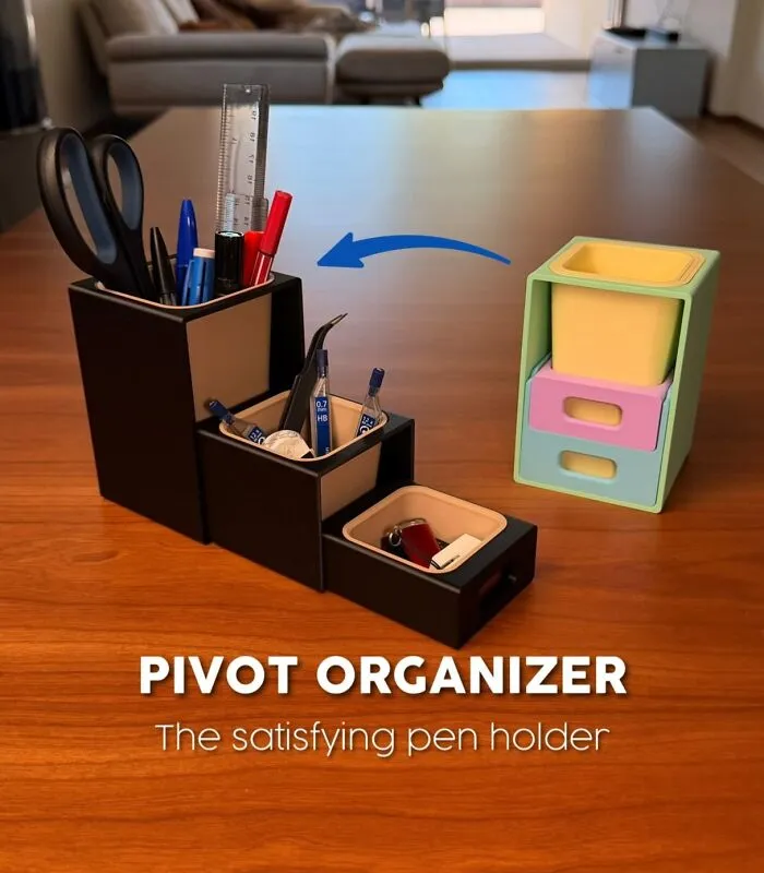 Pivot organizer pen holder made with a 3D printer on wooden table
