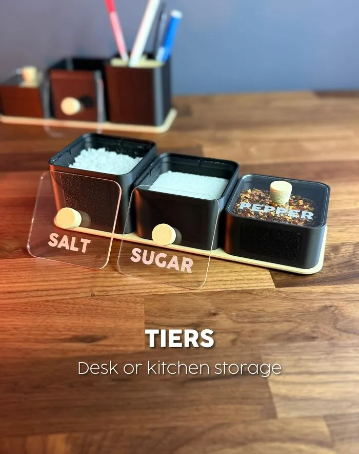Desk or kitchen storage container set labeled salt sugar and pepper