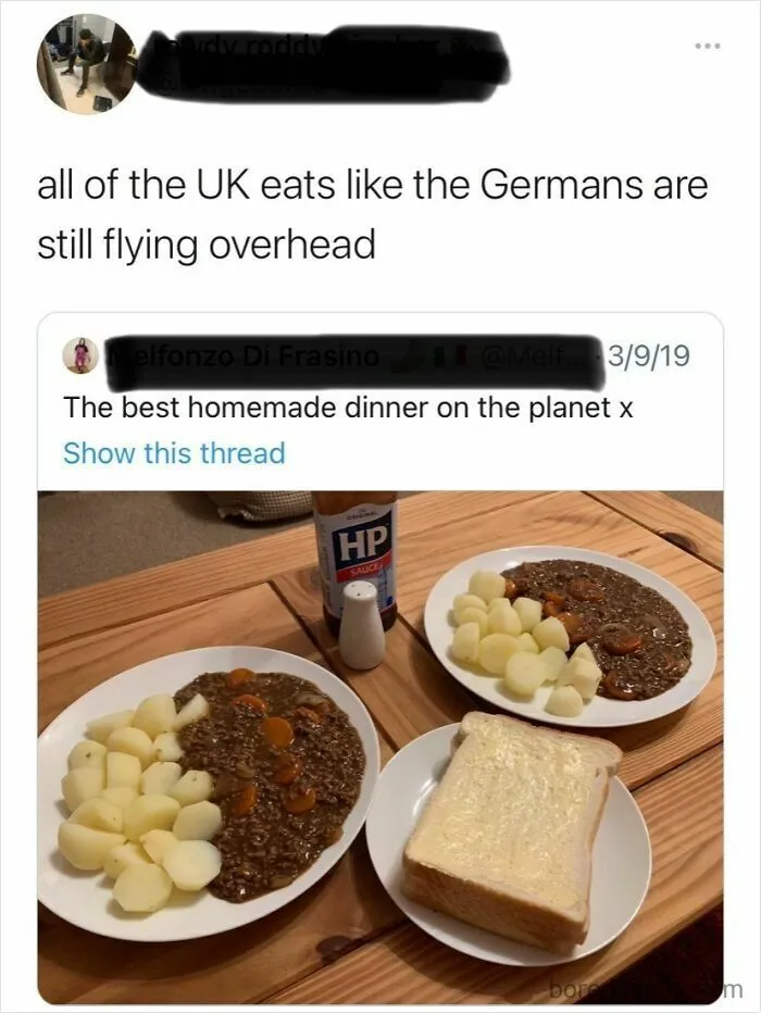 Sarcastic comment on UK eating habits with homemade dinner photo