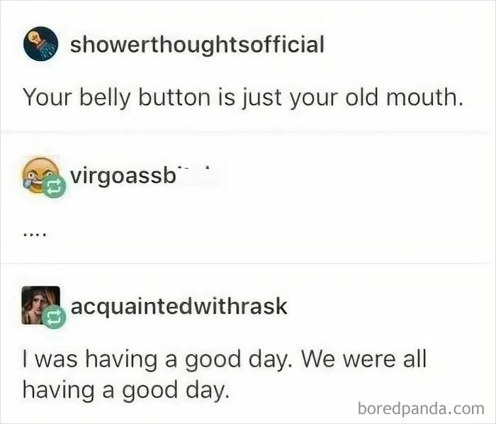 Humorous post comparing belly button to old mouth with a joking reply