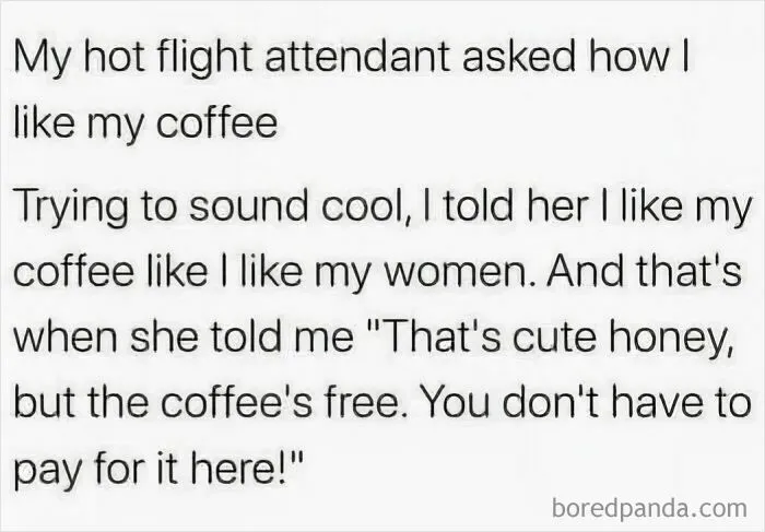 Sarcastic coffee joke between passenger and flight attendant in dry humor style