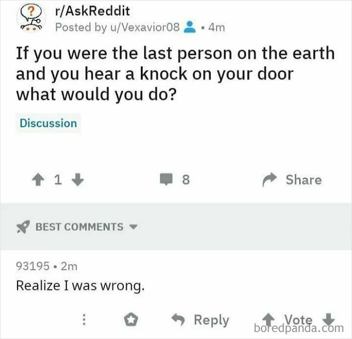 Sarcastic Reddit response to being last person hearing a knock