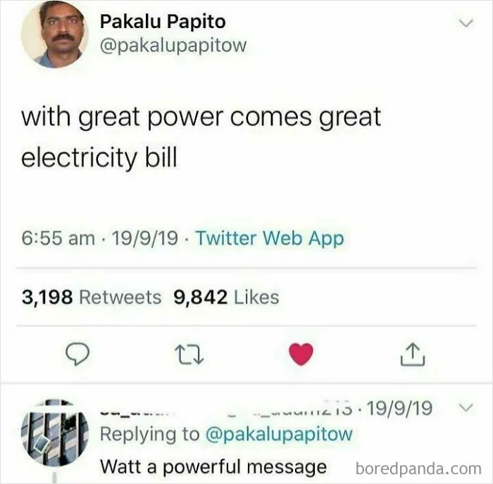 Sarcastic tweet about great power coming with a great electricity bill and witty reply