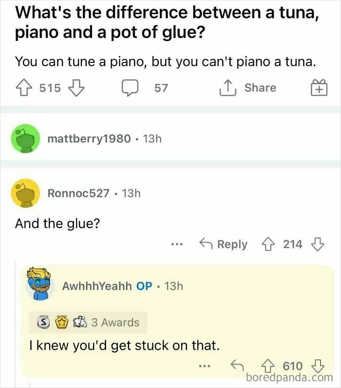 Sarcastic pun about tuning piano versus tuna with glue joke