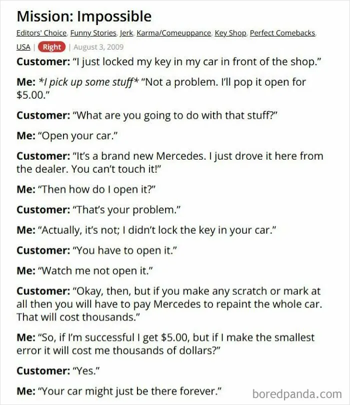 Customer locks keys in luxury car and tries to force store to open it