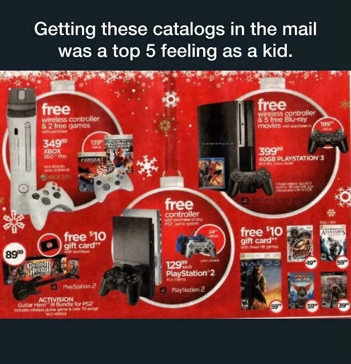 Nostalgic pics of a holiday catalog page showing classic gaming consoles from the early 2000s