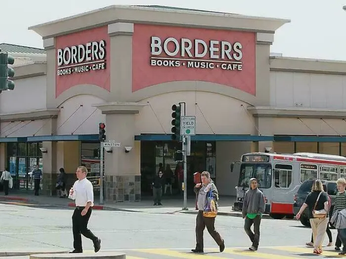 The storefront of a Borders books and music store in the early 2000s.