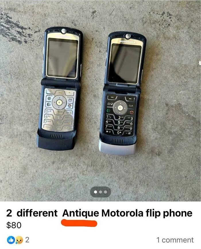 Two vintage Motorola Razr flip phones displayed on concrete, capturing early 2000s nostalgia