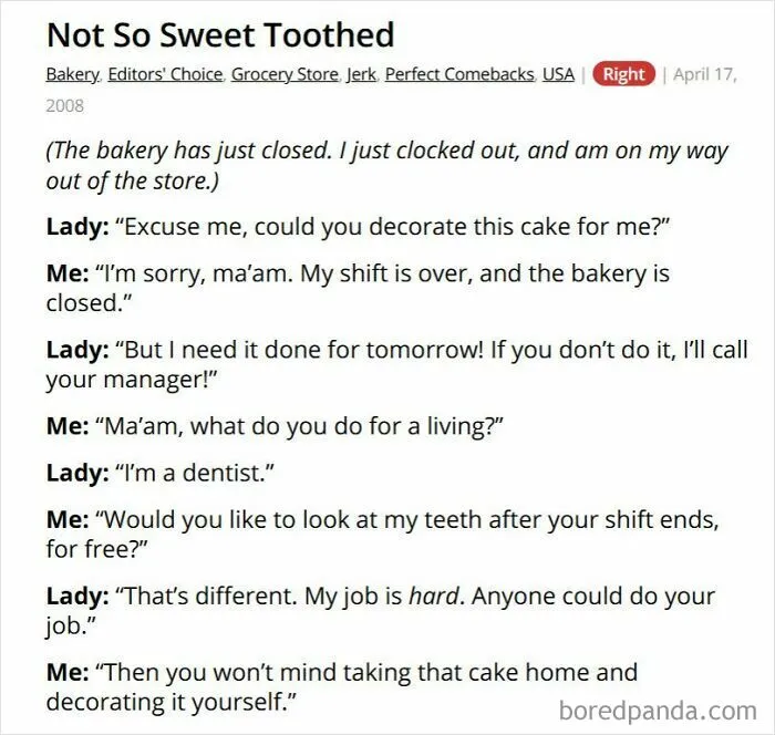 Bakery closing time cake decoration dispute with a dentist customer