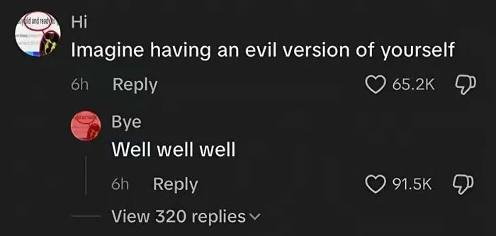 A social media comment section showing funny memes about having an evil version of yourself