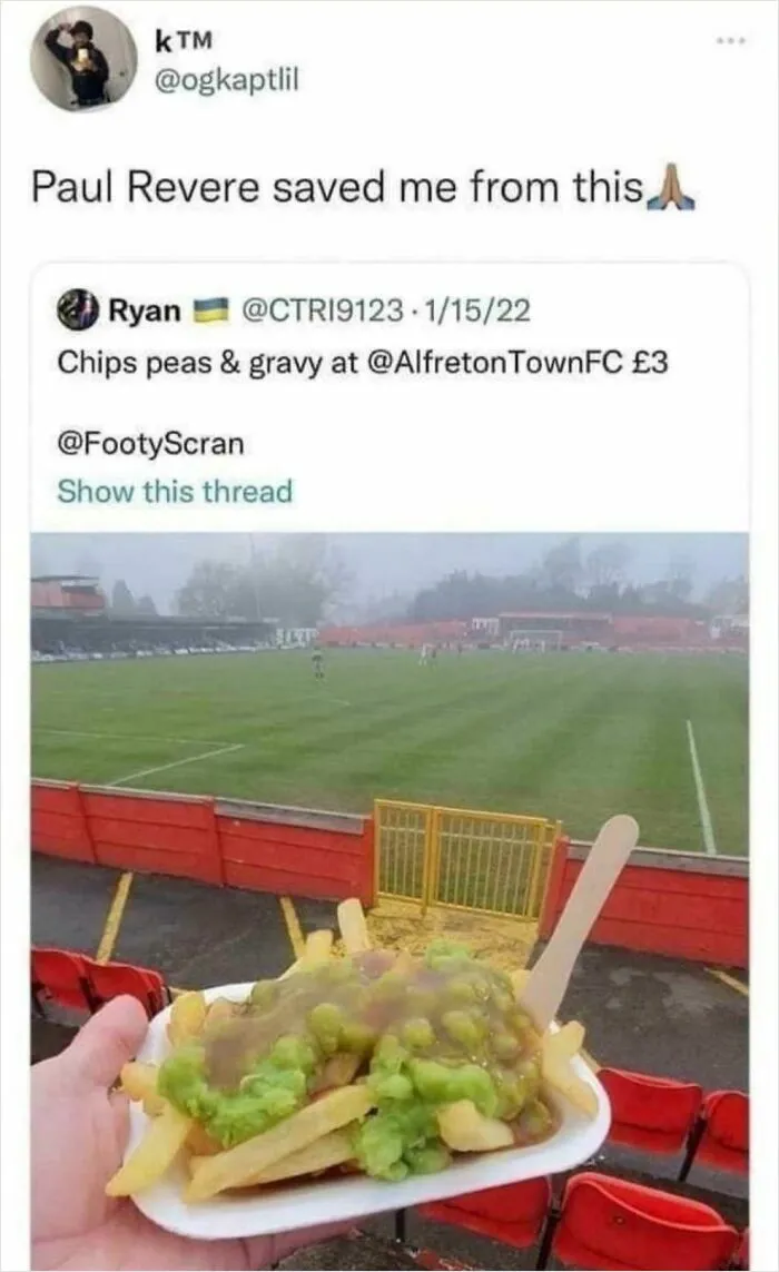 Social media post showing chips peas and gravy at a football match venue