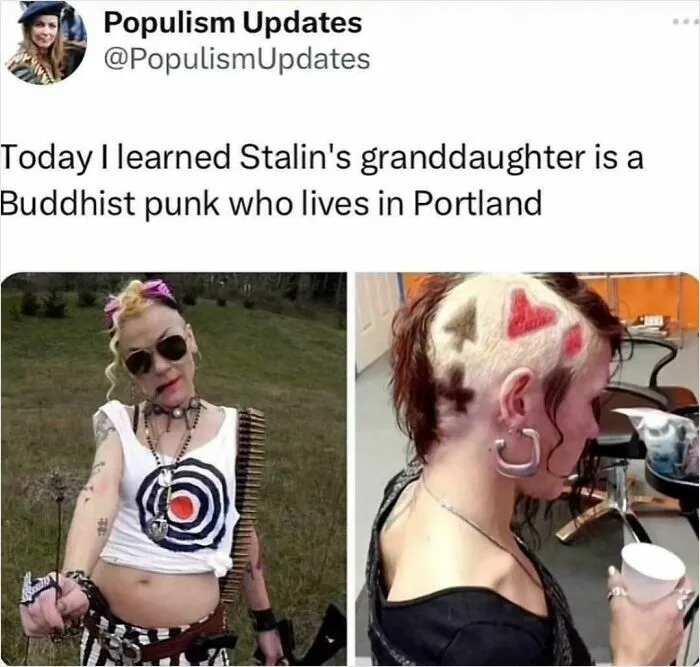 Tweet showing Stalin's granddaughter as a Buddhist punk living in Portland USA