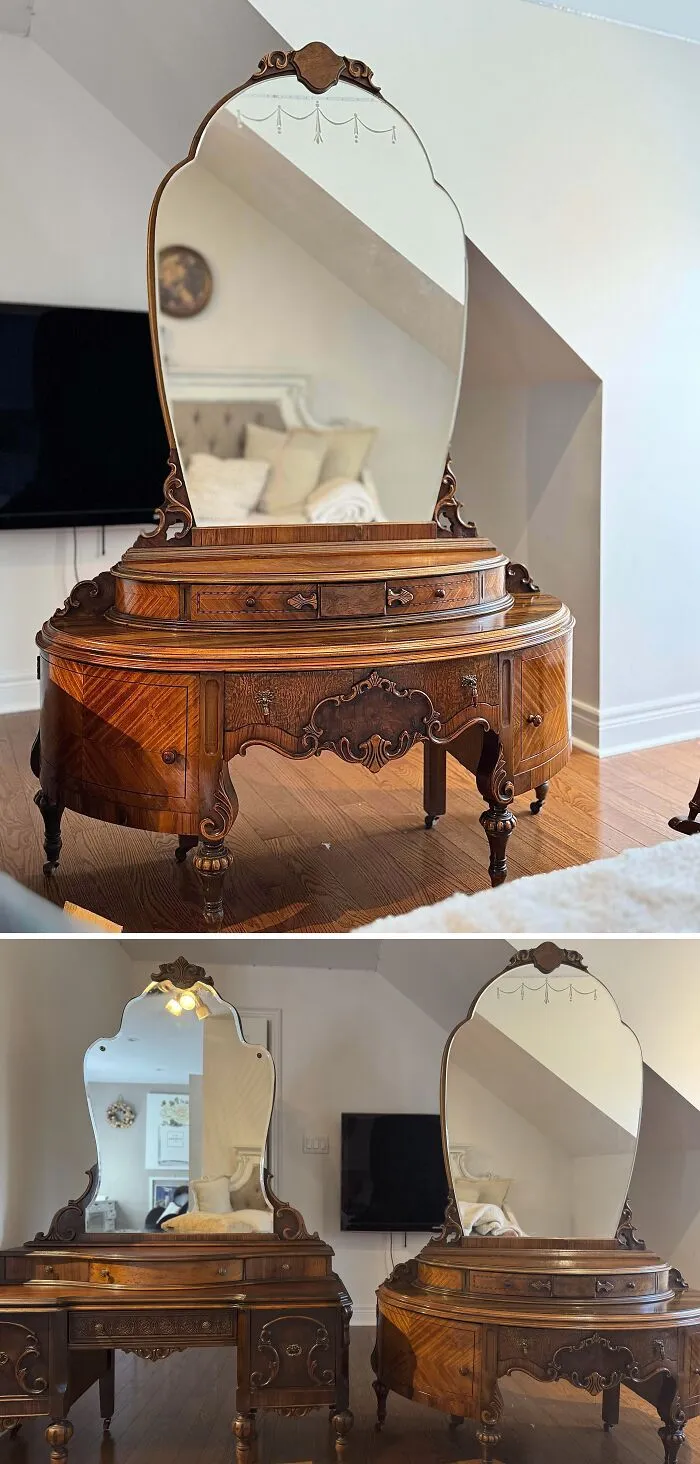 A matching set of vintage wooden vanity dressers found as thrift store finds